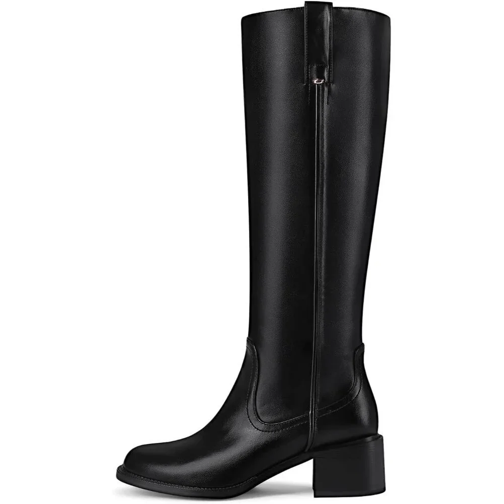 Women's Black Chunky Low Block Heel Round Toe Faux Leather Knee High Boots